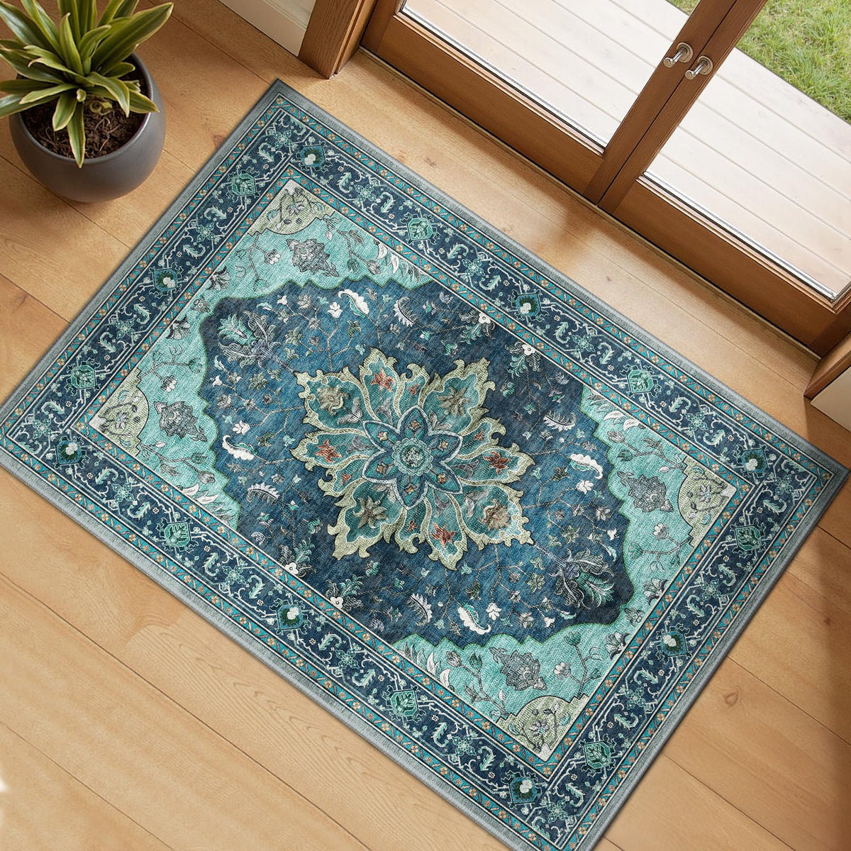RELEANY area rug teal-green-lake-blue with non-slip backing for safe entryways.