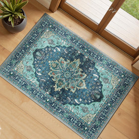 RELEANY area rug teal-green-lake-blue with non-slip backing for safe entryways.