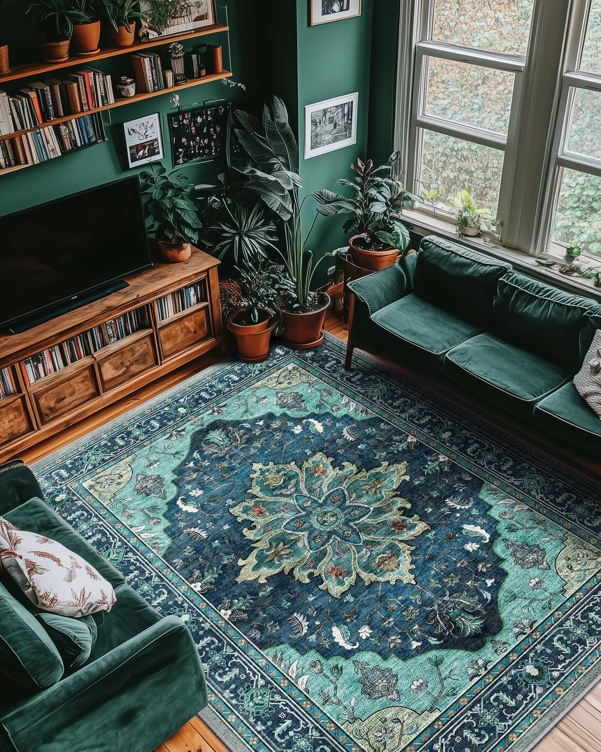 RELEANY Area Rug teal-green pattern, versatile for bedrooms and dining spaces.