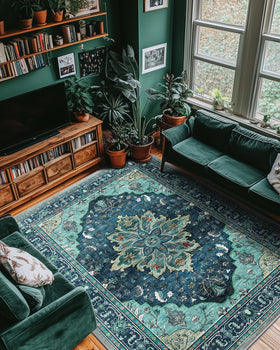 RELEANY Area Rug teal-green pattern, versatile for bedrooms and dining spaces.