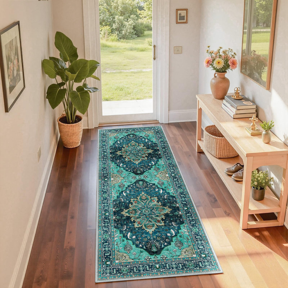 RELEANY 2x6 runner rug in teal and turquoise for hallway or kitchen.