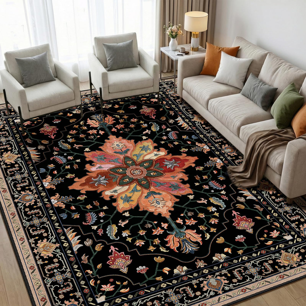 RELEANY area rug closeup of floral medallion distressed pattern for living spaces.