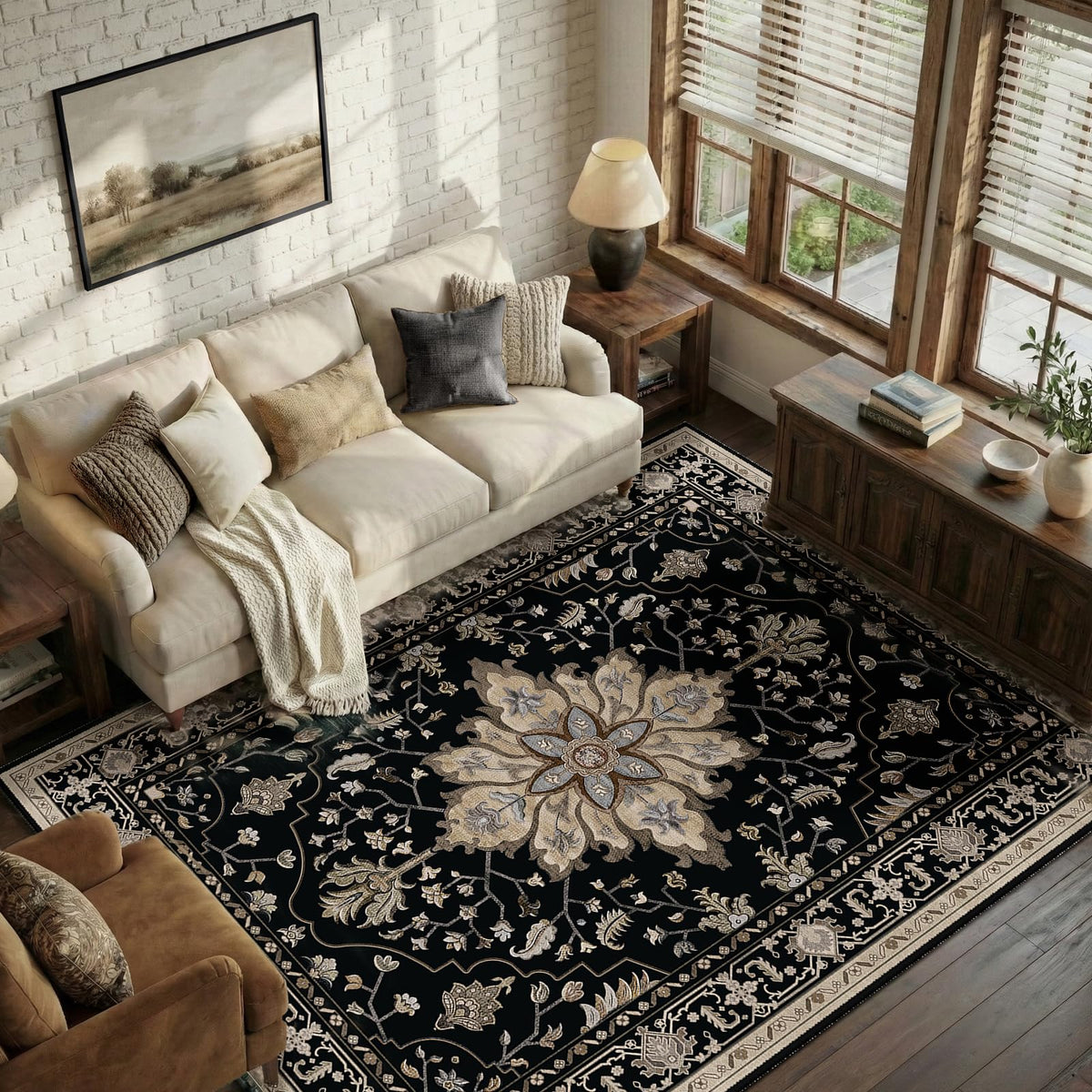 RELEANY 5x7 floral medallion rug front view in neutral living room setting