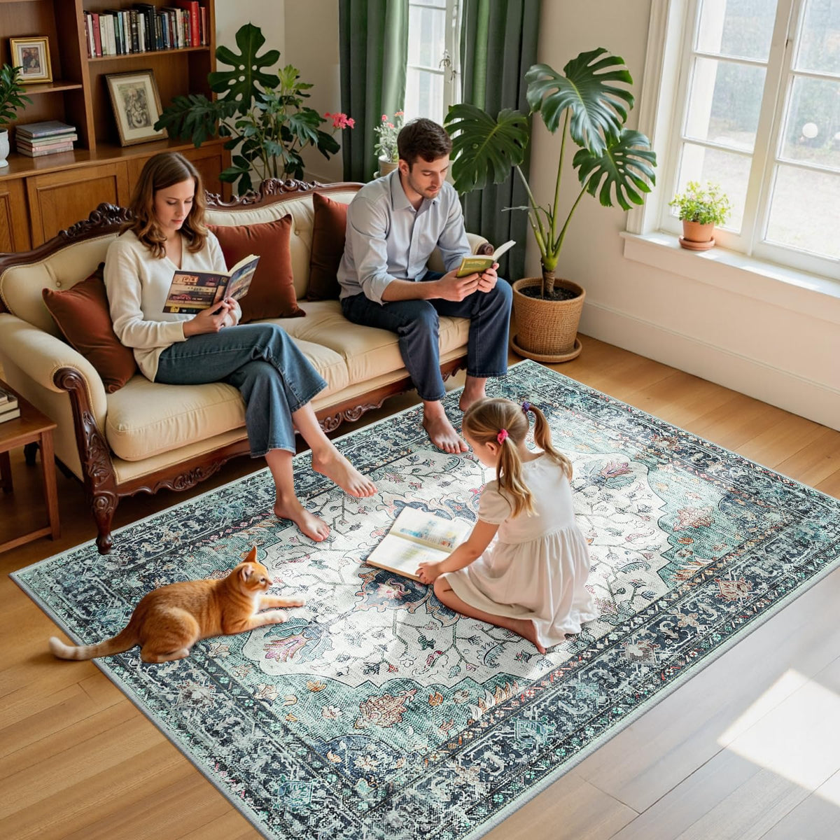 RELEANY 5x7 rug in green navy white teal complements colorful room palettes