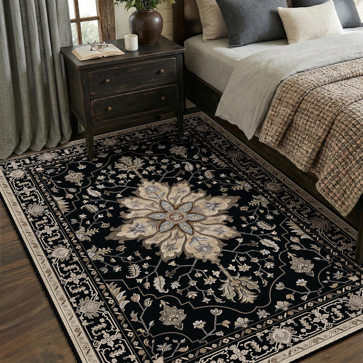 RELEANY living room setup featuring the 5x7 floral rug
