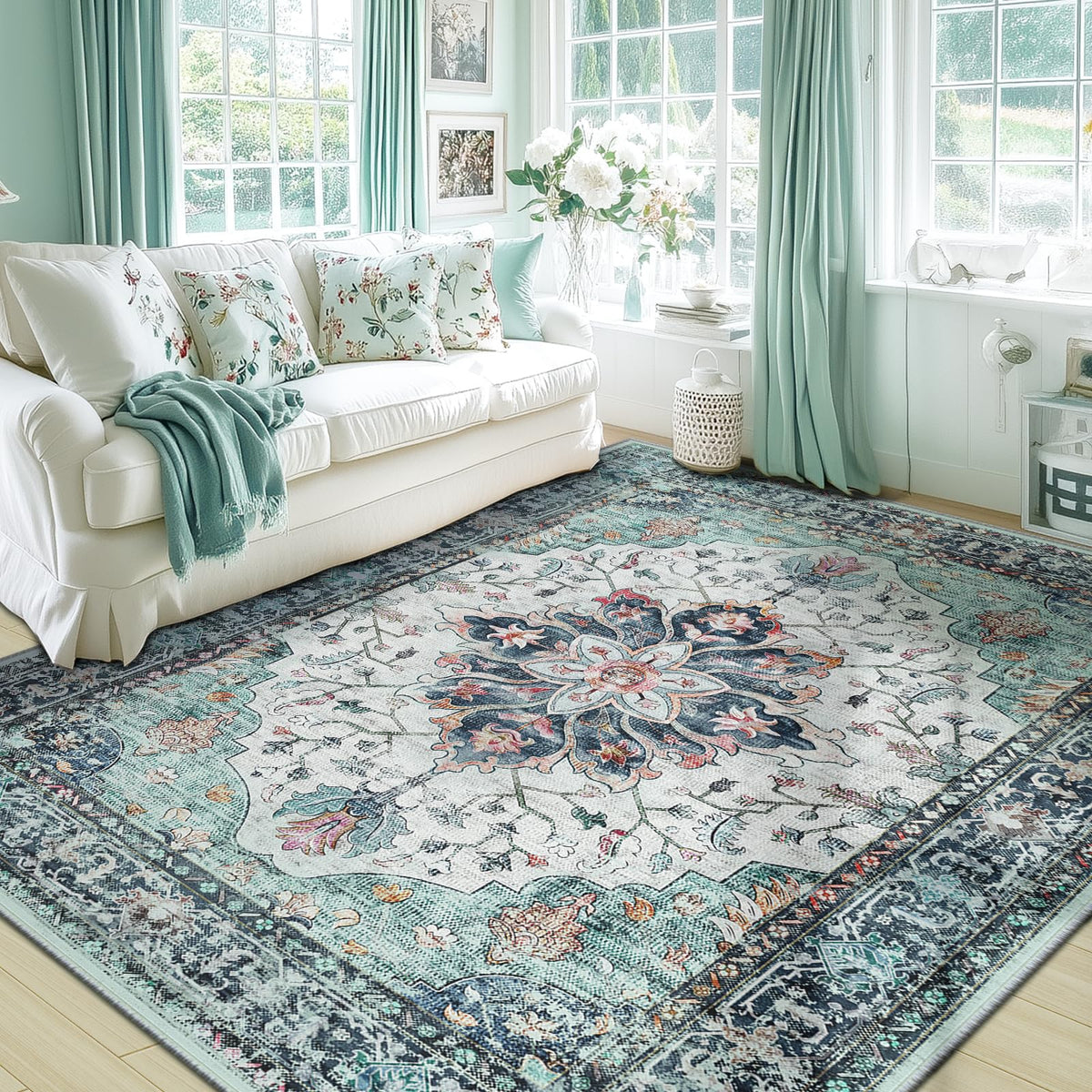 RELEANY area rug with washable, non-slip surface for busy living spaces