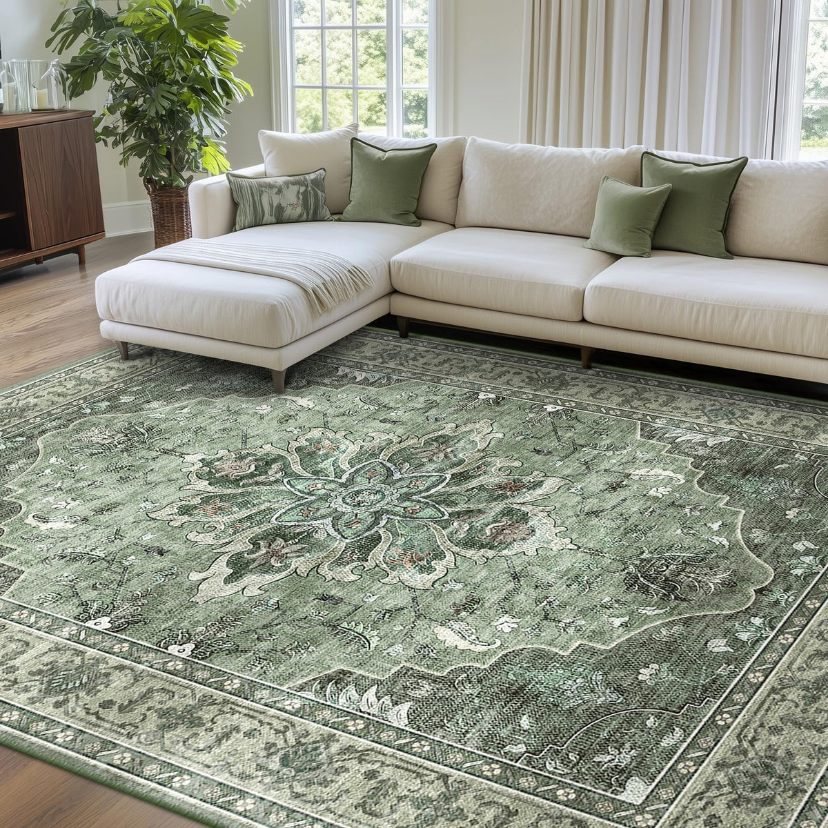 RELEANY area rug front view with floral medallion design and non-slip backing