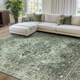 RELEANY area rug front view with floral medallion design and non-slip backing