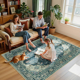 RELEANY area rug bedroom cozy ambience with soft texture and floral medallion.