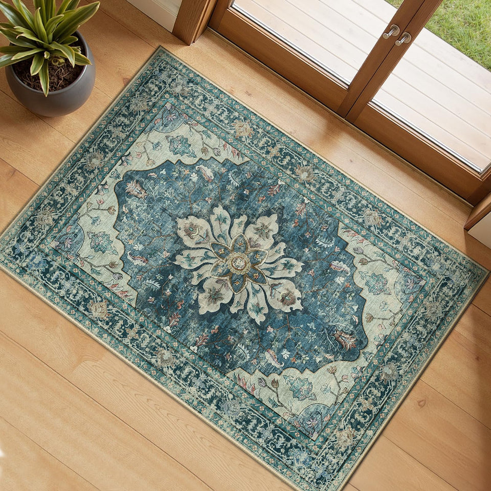 RELEANY area rug in dark blue vintage pattern for entryways with non-slip backing.