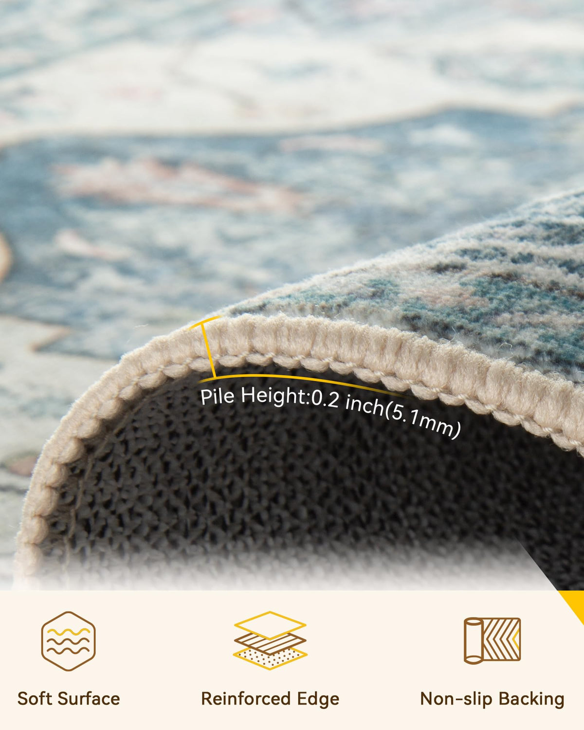 RELEANY area rug non-slip back close-up showing grip underfoot.