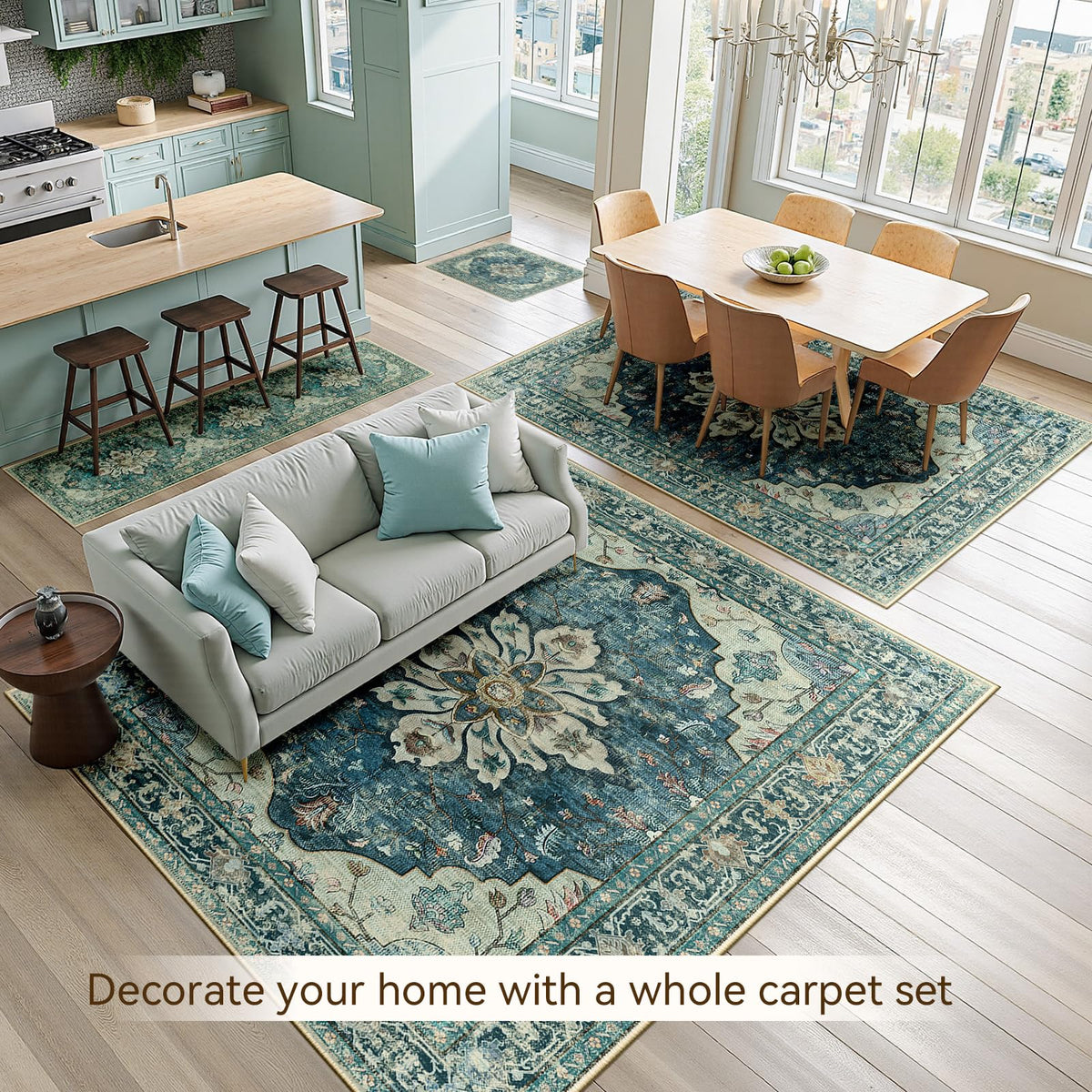 RELEANY dark blue rug creates a cozy focal point for any room