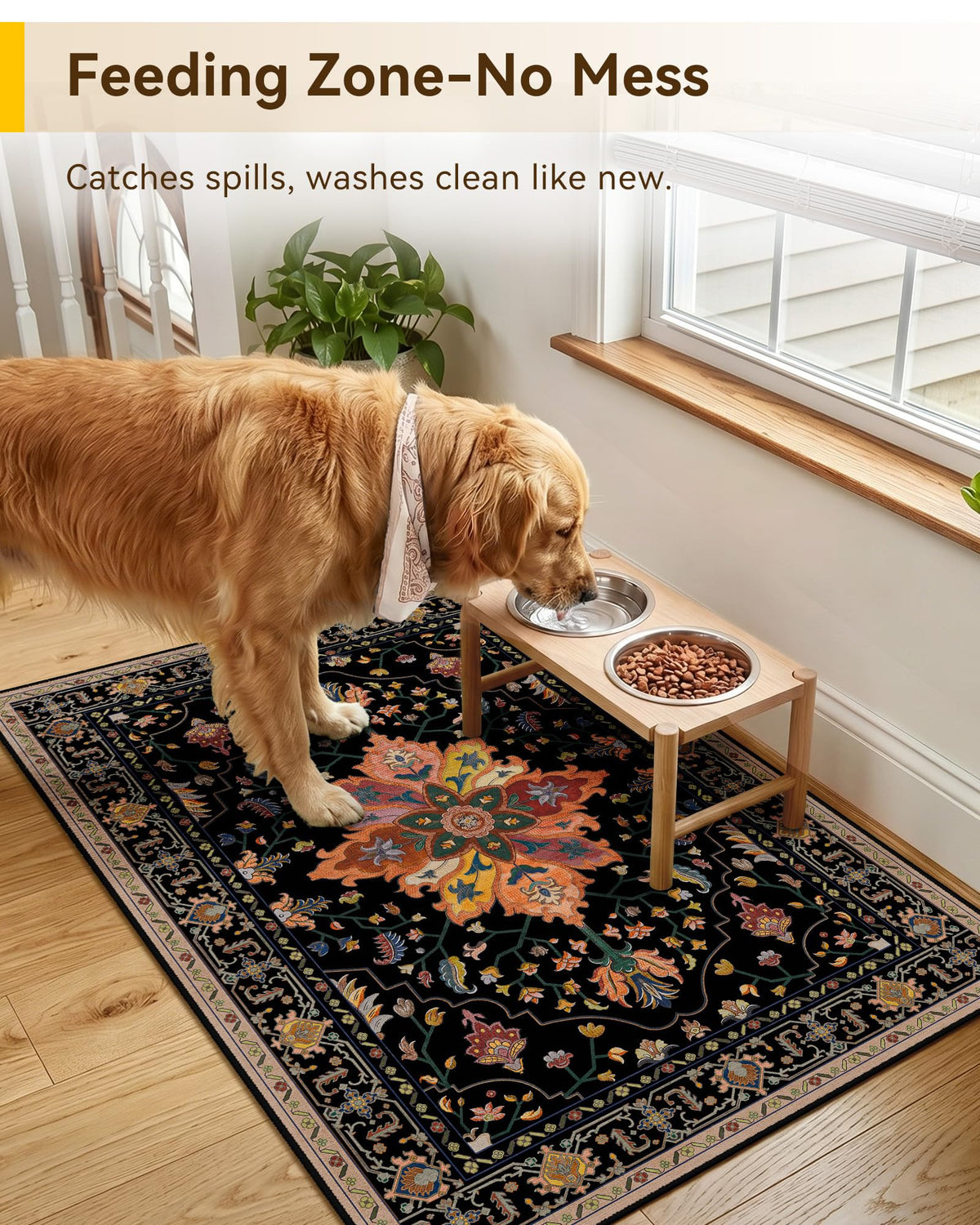 RELEANY dark tan and black floral rug complements modern interiors