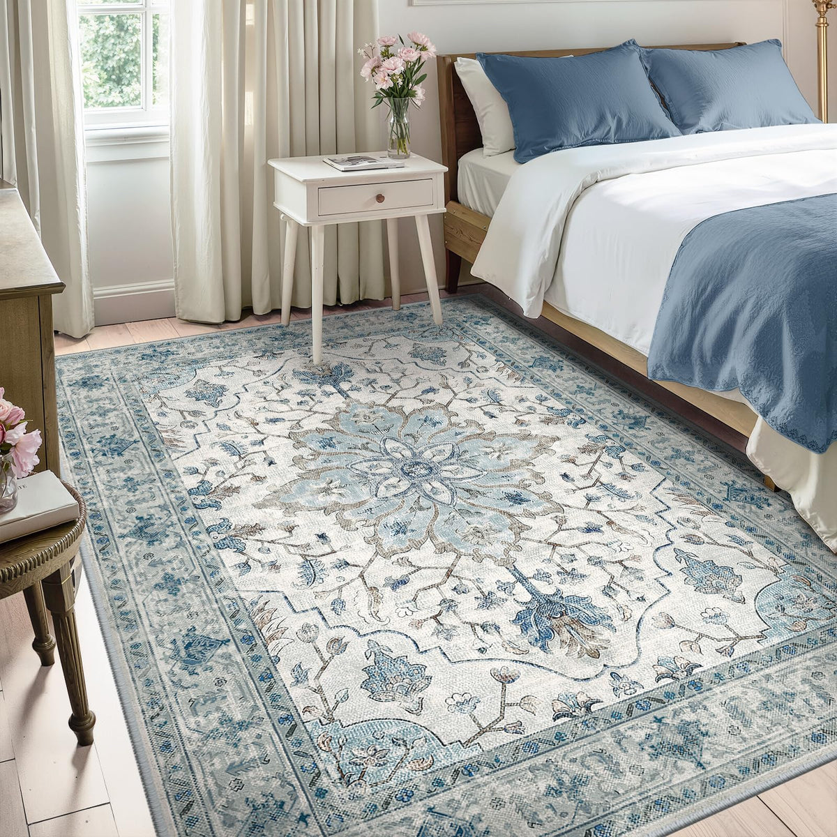 RELEANY floral vintage medallion rug enhances living room ambiance.