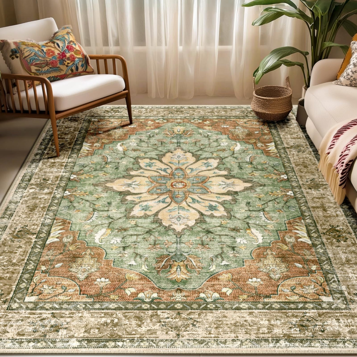 RELEANY floral medallion rug in brick red enhances living room decor