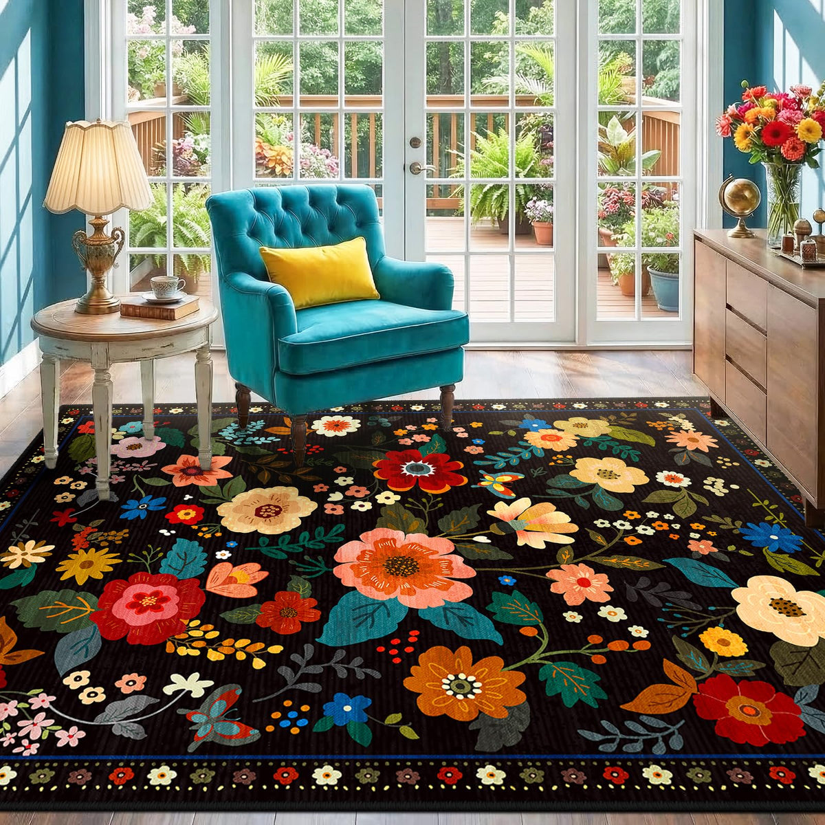 RELEANY floral rug for girls' rooms creates a cheerful play area.