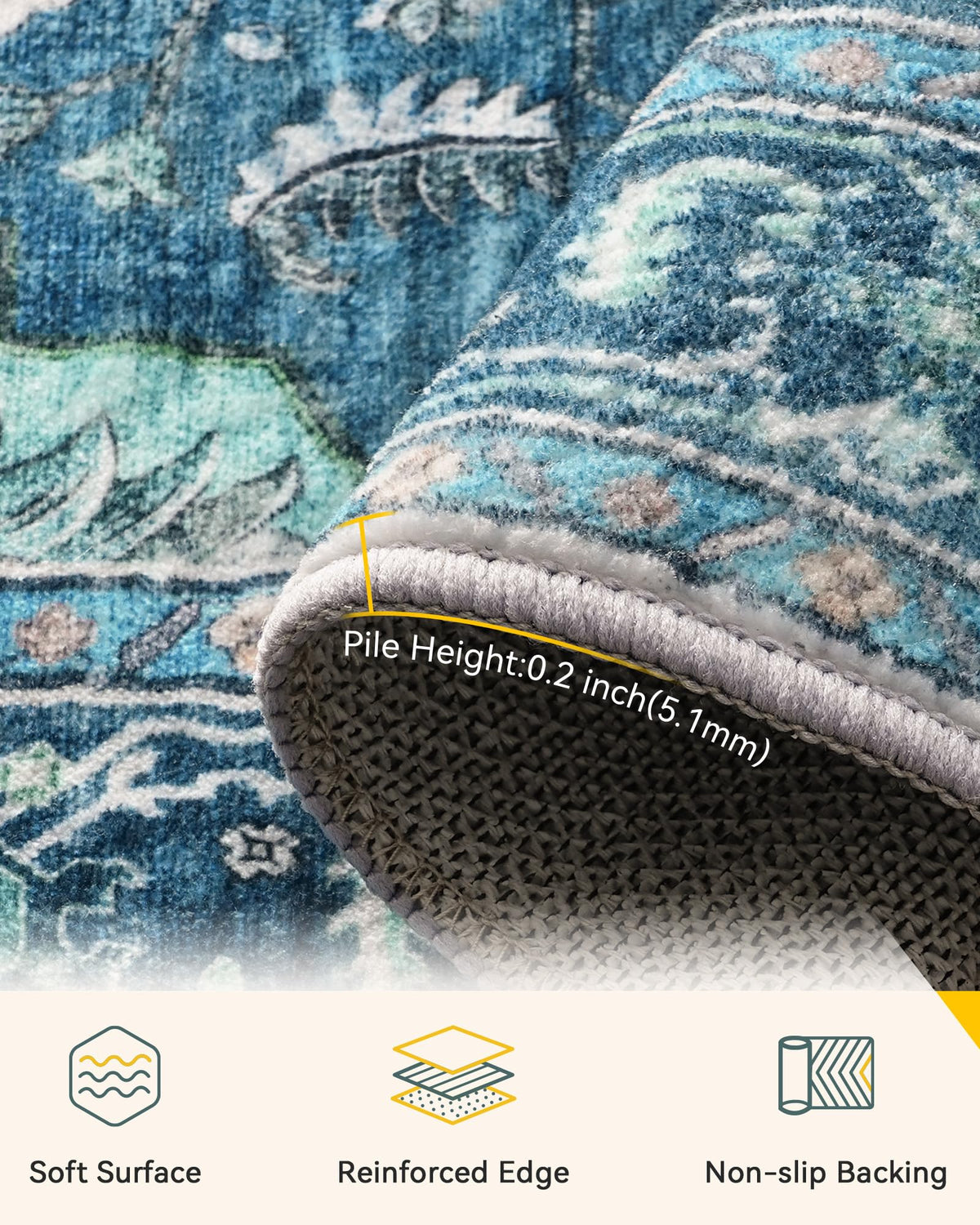 RELEANY machine-washable rug makes cleaning easy after spills.