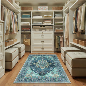 RELEANY medallion carpet in teal and lake blue creates a calming focal point