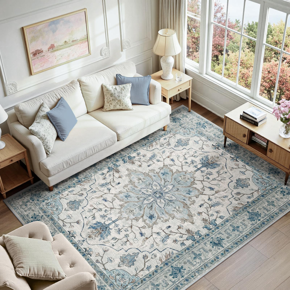 RELEANY navy light blue beige gray white rug matches versatile décor.