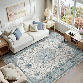 RELEANY navy light blue beige gray white rug matches versatile décor.