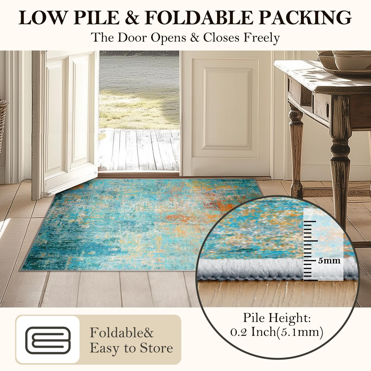 Non-slip backing on RELEANY rug helps keep it in place on smooth floors