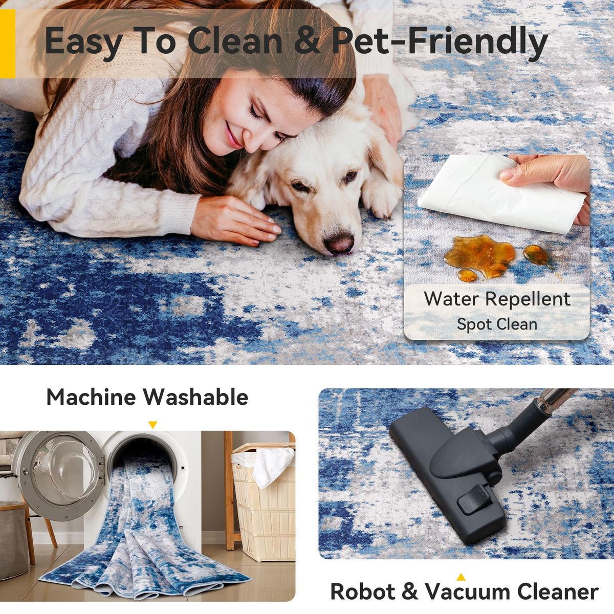 RELEANY rug with non-slip backing stays securely in place on smooth floors.
