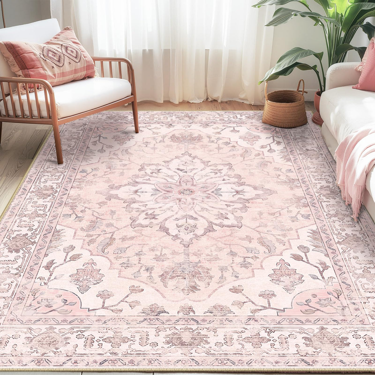 RELEANY pink grey pink colorway rug brightens dining spaces.