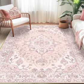 RELEANY pink grey pink colorway rug brightens dining spaces.