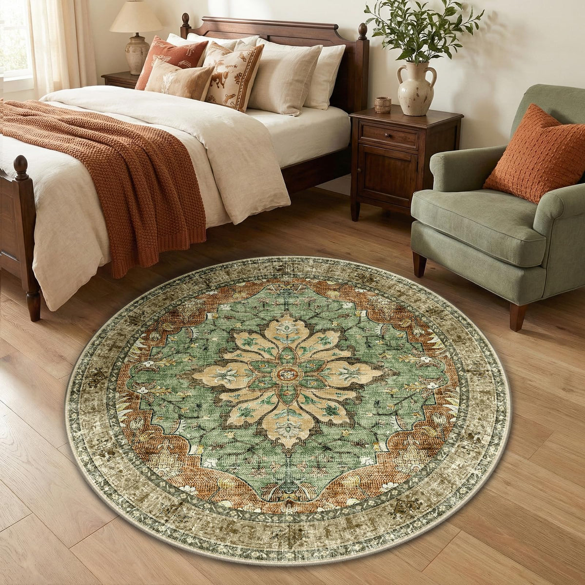 RELEANY round rug with neutral brown florals suits bedrooms with soft texture and easy care.