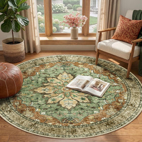 RELEANY round floral medallion rug in rust enhances warm dining spaces with non-slip backing.