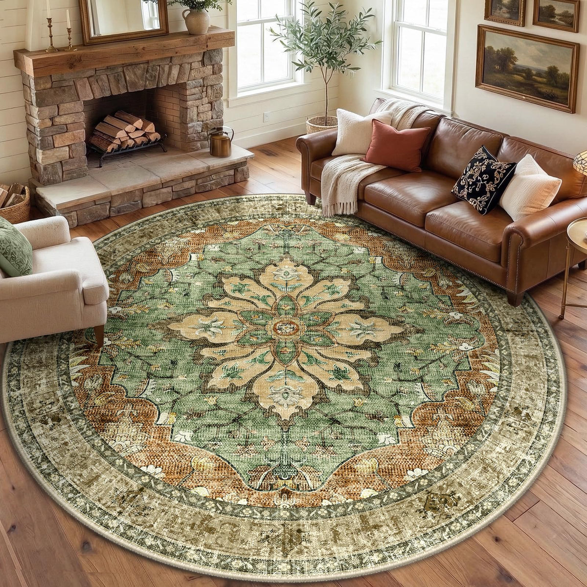 RELEANY round 8ft washable floral medallion rug with easy cleaning