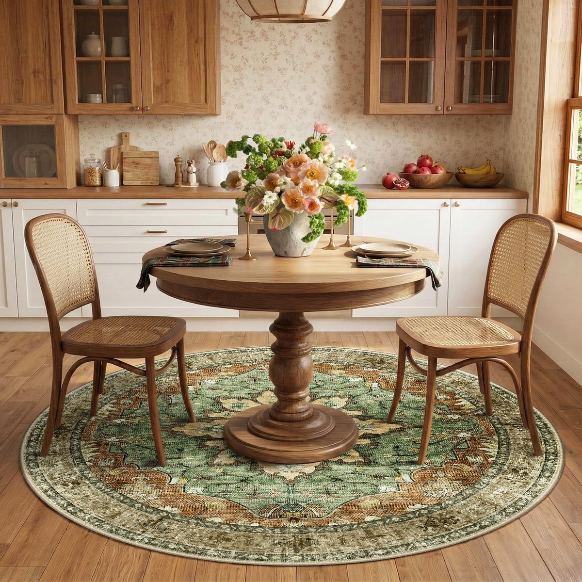 RELEANY round rug distressed floral print for cozy living room vibes and non-slip placement.