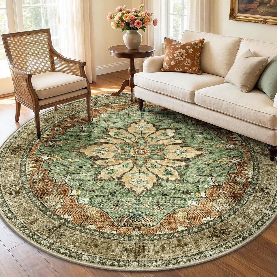 RELEANY round rug with floral medallion in brick red for easy cleaning and classic style.