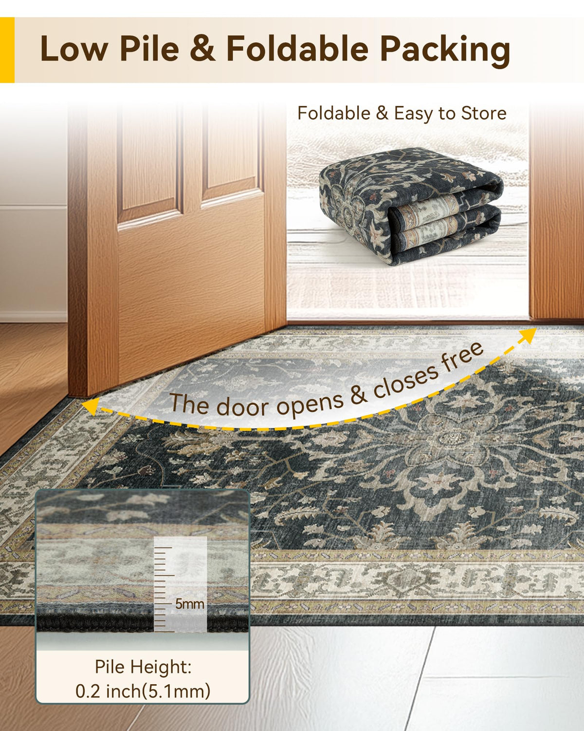 RELEANY thin design rug fits behind doors and under furniture