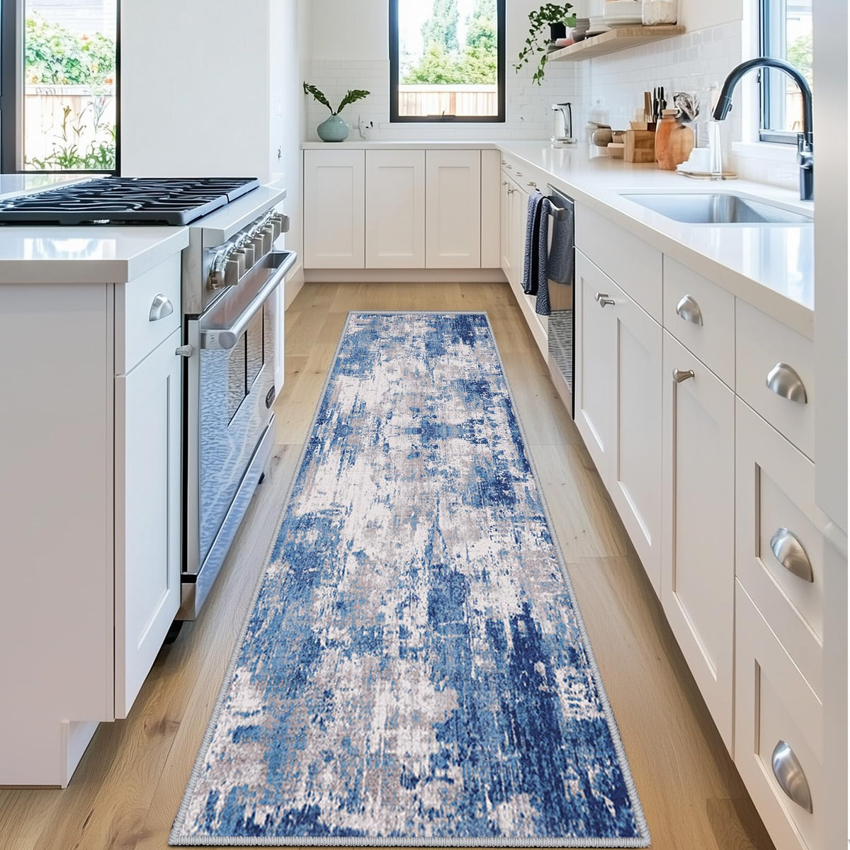 RELEANY washable area rug 2x6 blue-grey front view, soft underfoot for living rooms