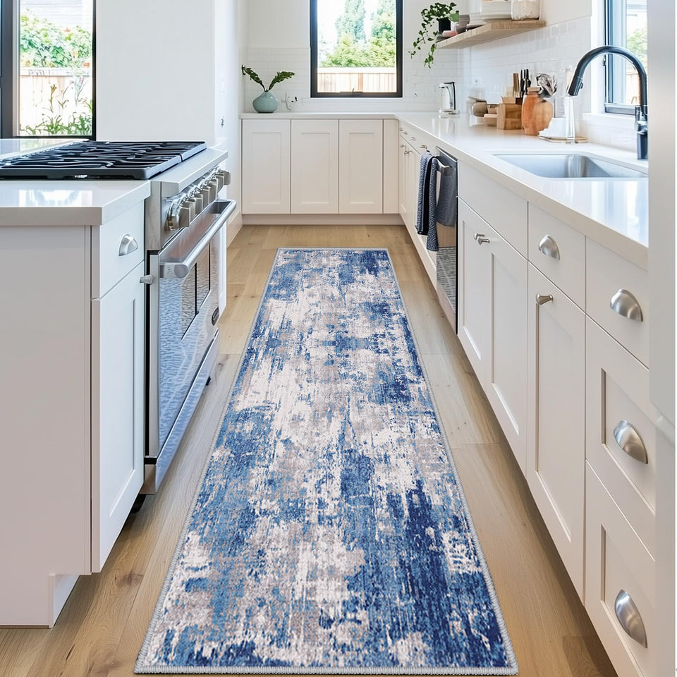 RELEANY washable area rug 2x6 blue-grey front view, soft underfoot for living rooms