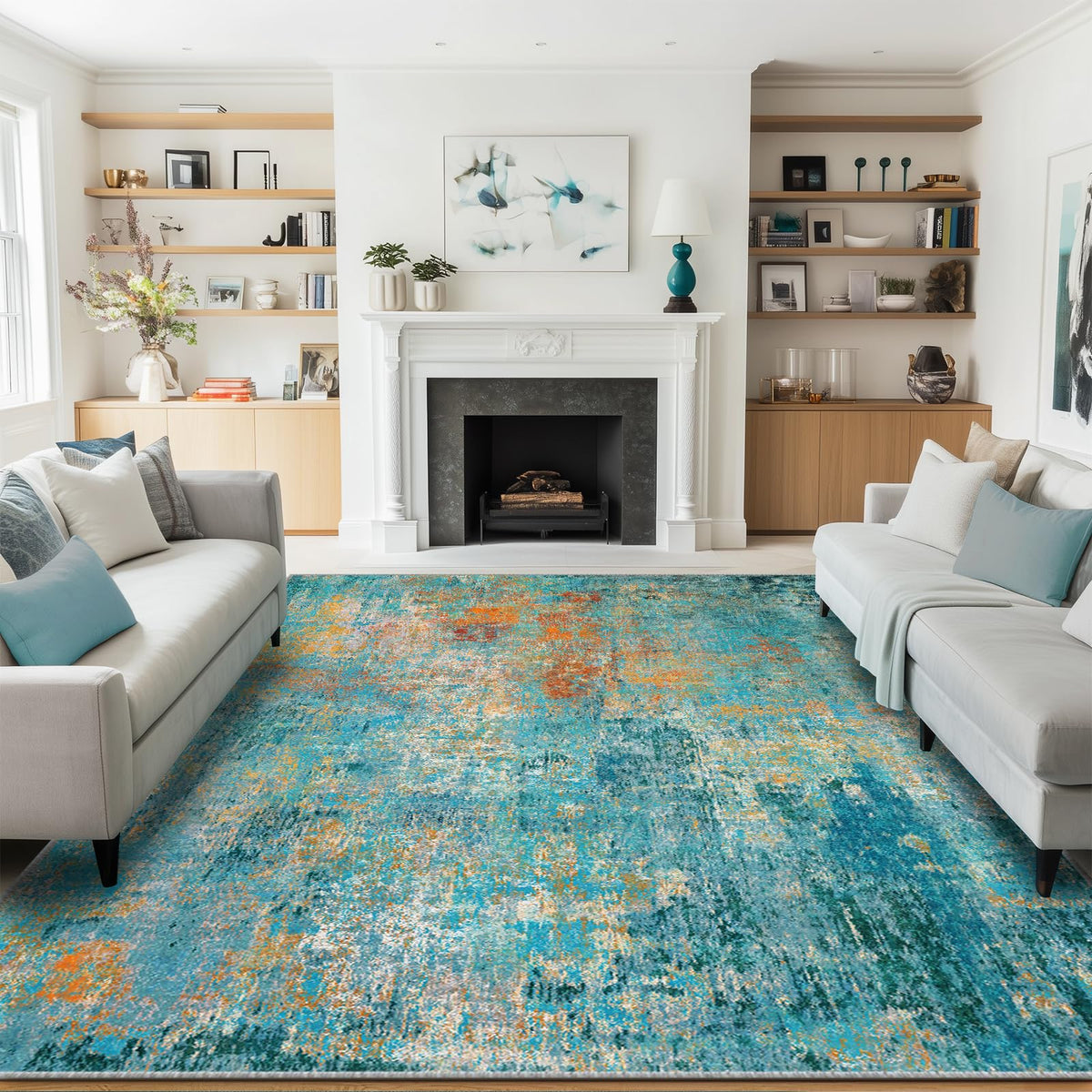 RELEANY wash able rug with blue green abstract print for vibrant living spaces