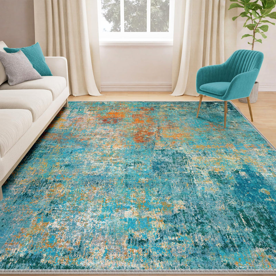 RELEANY washable area rug in teal offers cozy underfoot comfort and easy care