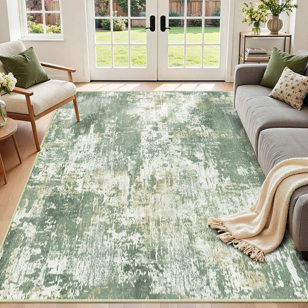 RELEANY washable area rug 5x7 in light green and yellow for busy living spaces.