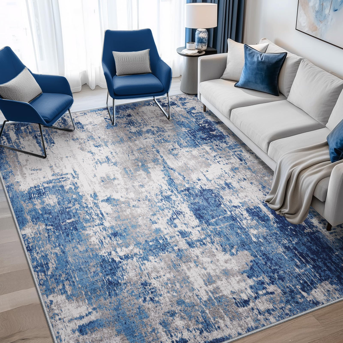 RELEANY Washable Area Rug with abstract pattern in blue-gray, soft underfoot and easy to clean