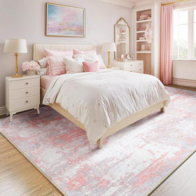 RELEANY abstract printed rug showing precise design details in grey-pink tones