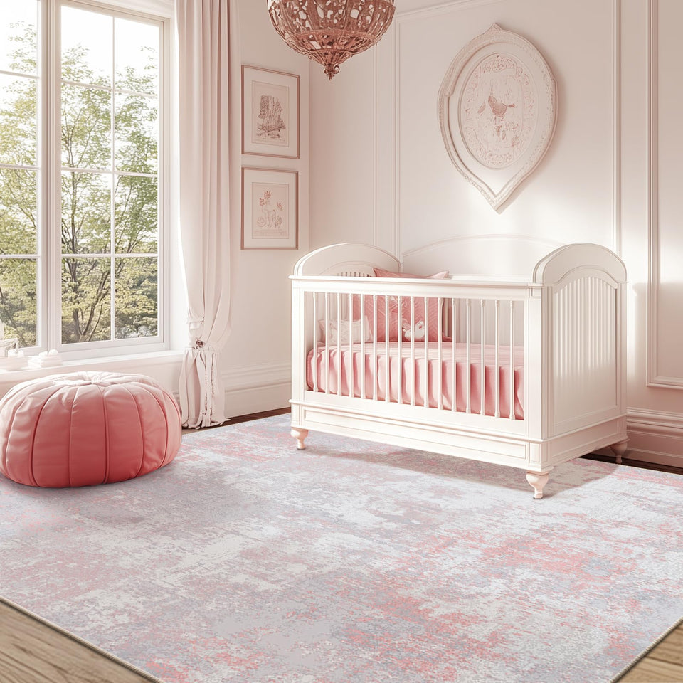 RELEANY washable area rug front view with modern grey-pink print for living rooms
