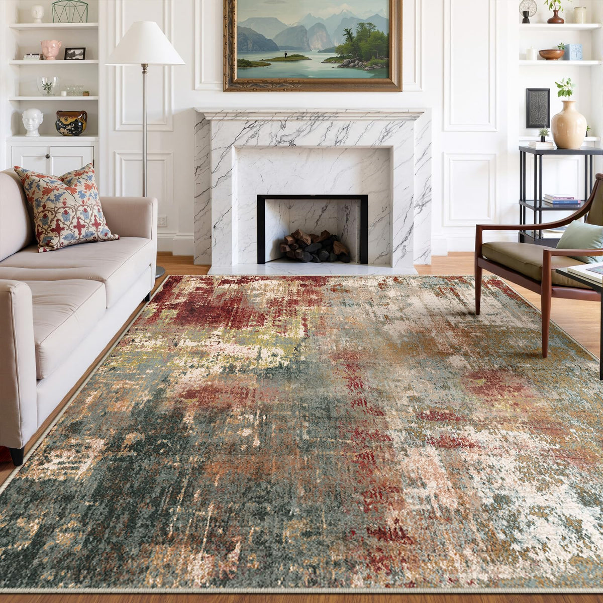 RELEANY washable area rug 8x10 front view shows soft silk-like texture and modern design