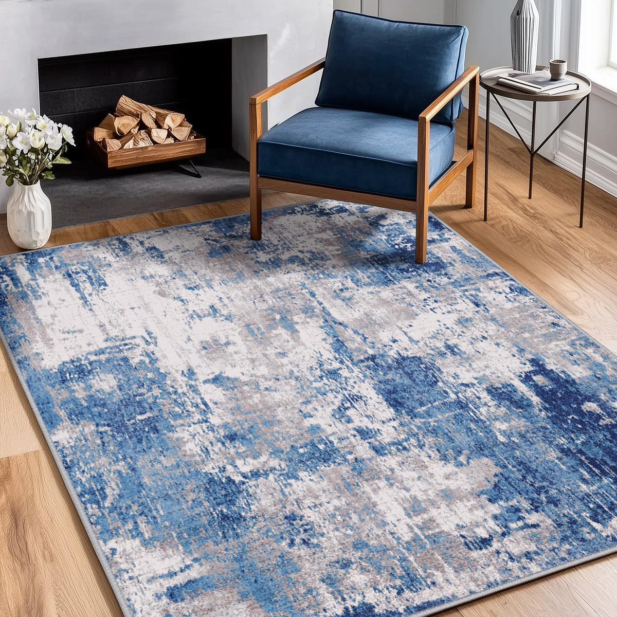 RELEANY washable area rug with abstract blue-gray print, soft underfoot for living rooms.