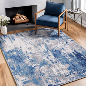 RELEANY washable area rug with abstract blue-gray print, soft underfoot for living rooms.
