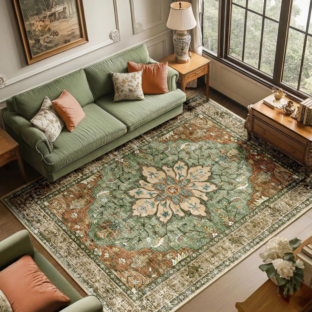 RELEANY washable non-slip floral medallion rug for easy spill cleanup