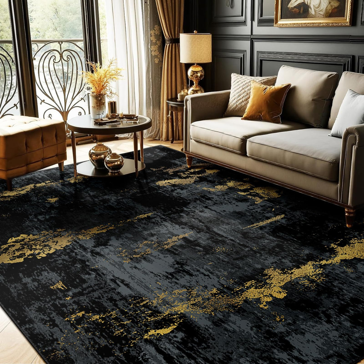 RELEANY washable rug with modern abstract pattern adds visual interest to living rooms.