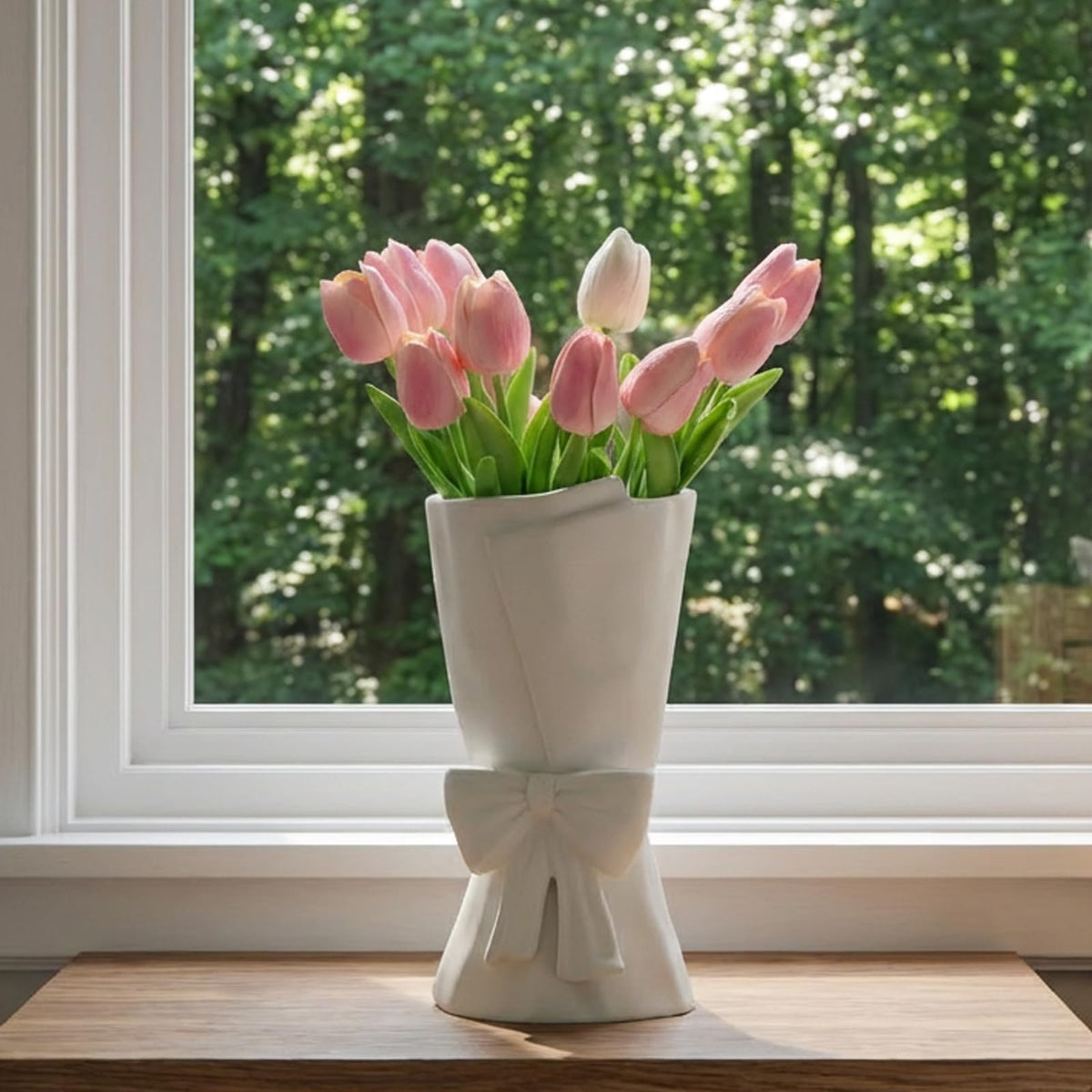 Relexome white ceramic bow vase stands 9.64 inches tall for centerpieces.