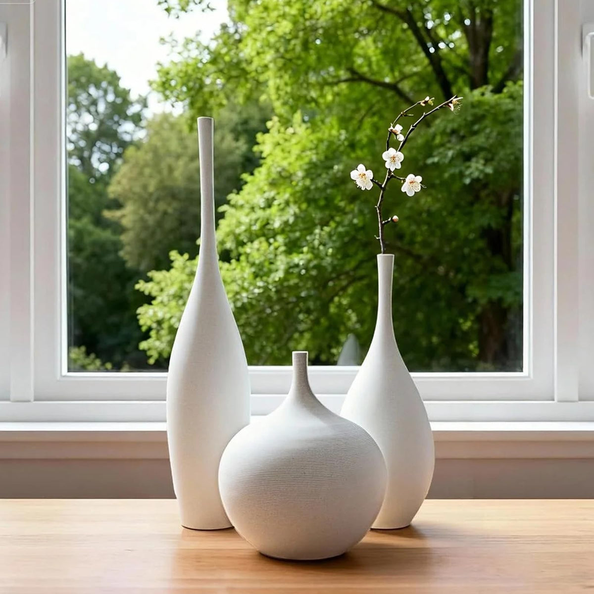 Relexome white ceramic vase set displayed on a modern shelf