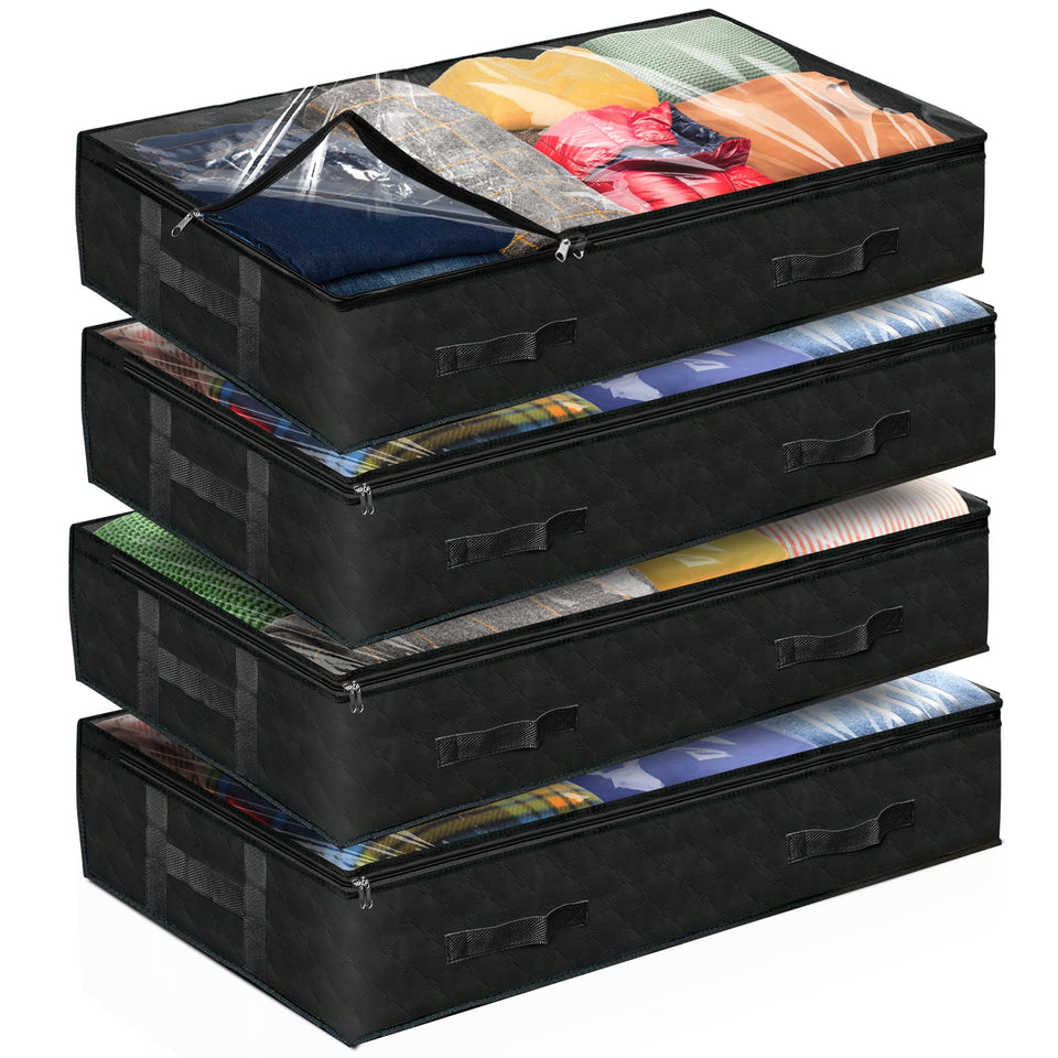 Reli 90L under-bed storage container front view, four-pack for organized storage